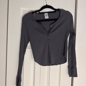 No Boundaries Ribbed Henley Long-Sleeve Top - Charcoal